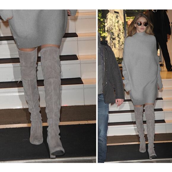 Stuart Weitzman Highland Boots Over the Knee Thigh High Gray Block Heel sz 38 - Picture 11 of 16